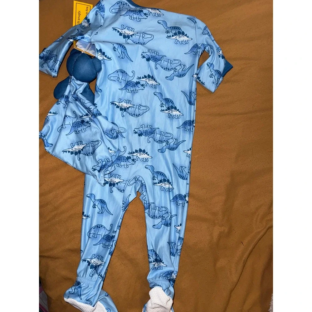 Max & Olivia 12mo Blue Dinosaur Footed Pajamas Sleeper and Lovey Blanket Set NEW